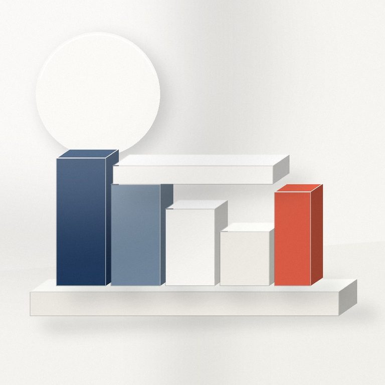 Ordered abstract architectural forms in blue, navy, white and coral representing revenue visibility and control.