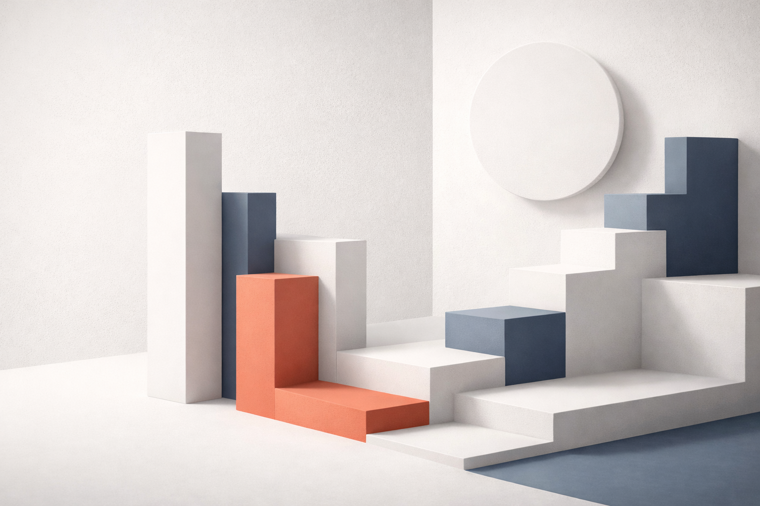 Distinct architectural forms in navy, blue grey and white connected to a central coral decision point, representing structured leadership conversations and shared ownership.