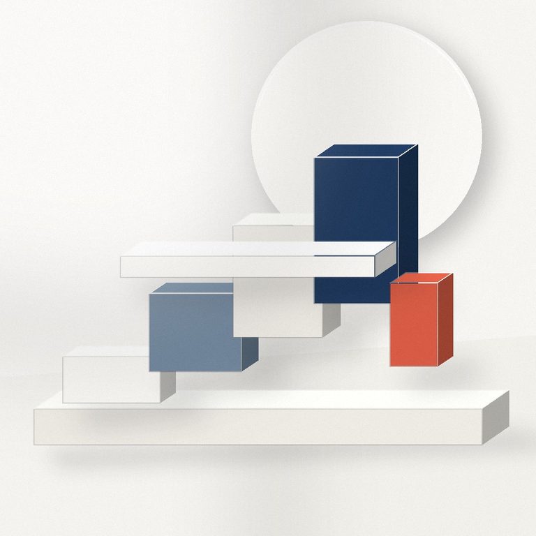Layered abstract architectural forms and a circular feature representing customer insight and experience.
