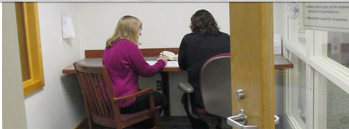 A tutor and a student working in a study room.