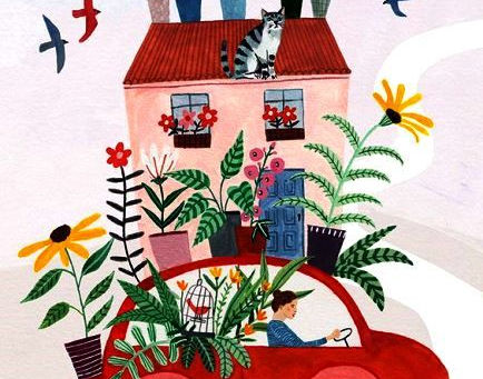 Desenho de uma mulher dirigindo um carro vermlho com a casa em cima do carro