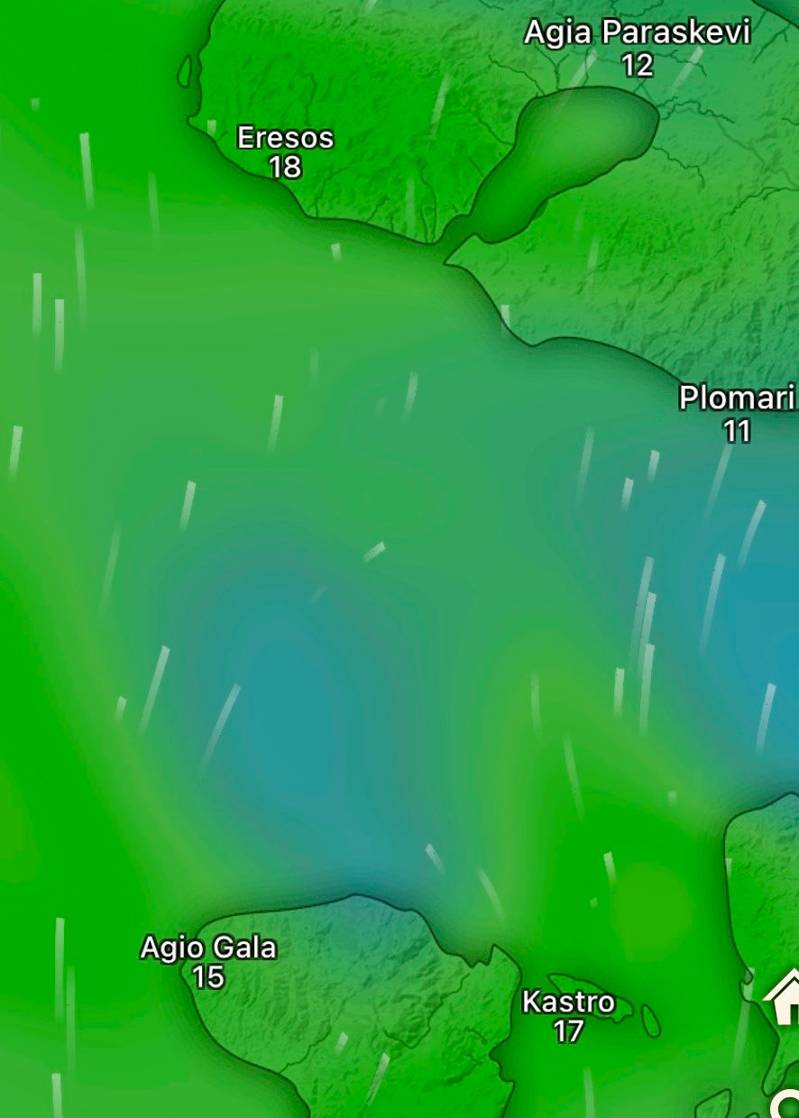 The wind shadow (blue area) of Chios