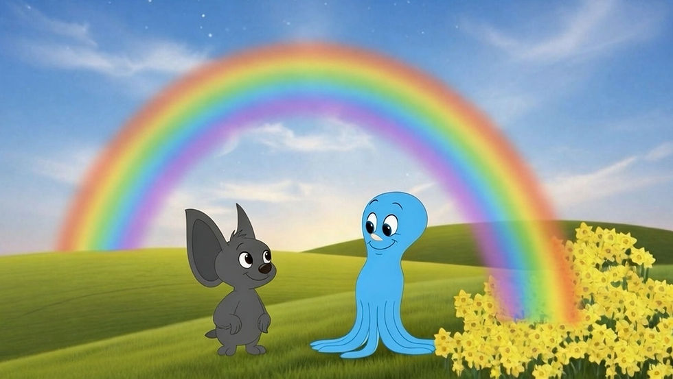 Pedro the bat and Bubbles the octopus discovering what is at the end of the rainbow