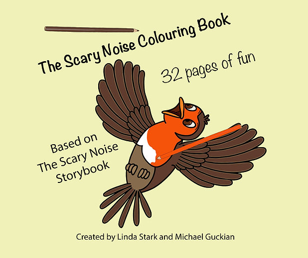Robbie the robin on the front page of The Scary Noise colouring book