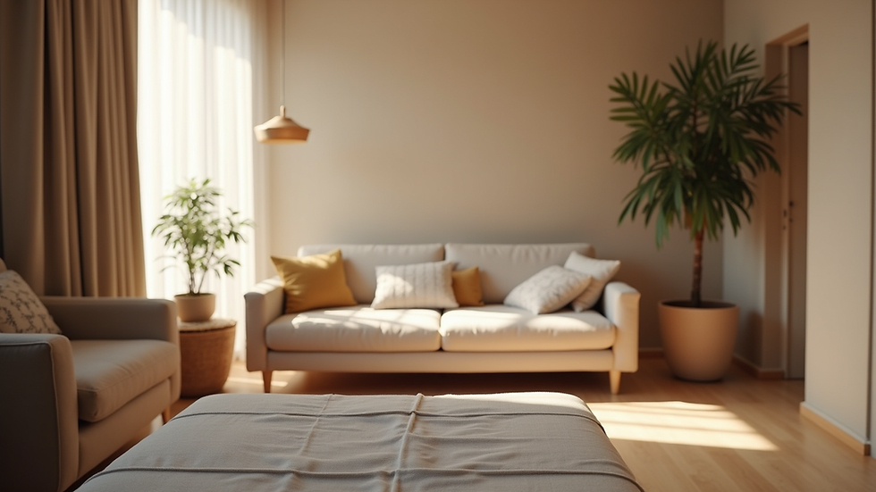 Eye-level view of a cozy therapy room with comfortable seating