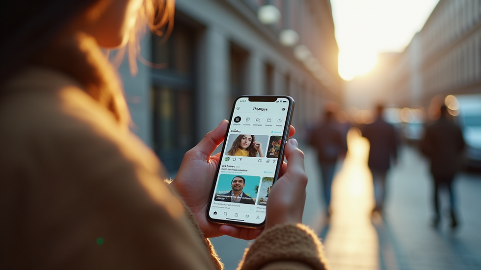 Close-up view of a smartphone displaying social media posts promoting an online store