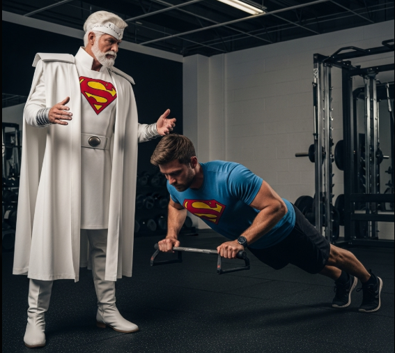 This is not precisely what it looked like, but when I aske AI for Superman's Dad making a Gym-Bro do burpees, this is what I got. I felt is was worth sharing.