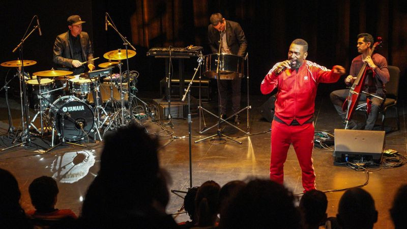 "(M)iyamoto Is Black Enough" featured, from left, drummer Sean Dixon, steel pan player Andy Akiho, poet Roger Bonair-Agard and cellist Jeffrey Zeigler at the Wallis on Thursday night. (Lawrence K. Ho / The Wallis)