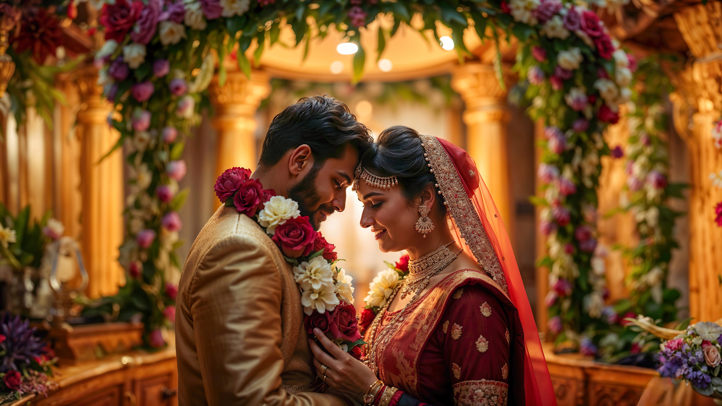 Floral pillars and garlands on a ceremony stage