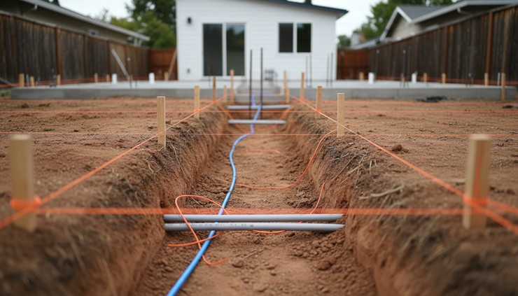 Close-up view of utility trenching for a backyard ADU project