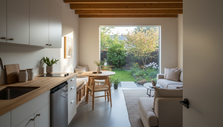 Wide-angle view of a small ADU interior with kitchen and living space