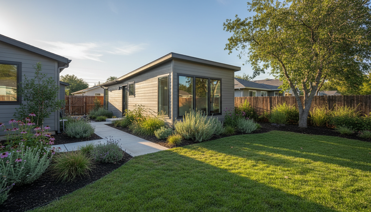 Wide-angle view of a newly built detached ADU in a quiet backyard