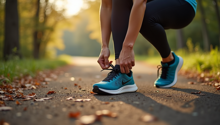 High angle view of a person tying running shoes on a park trail