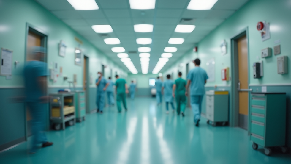 Wide angle view of a bustling urban healthcare facility