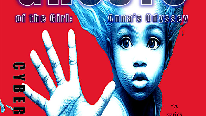 blue ghost girl on red background