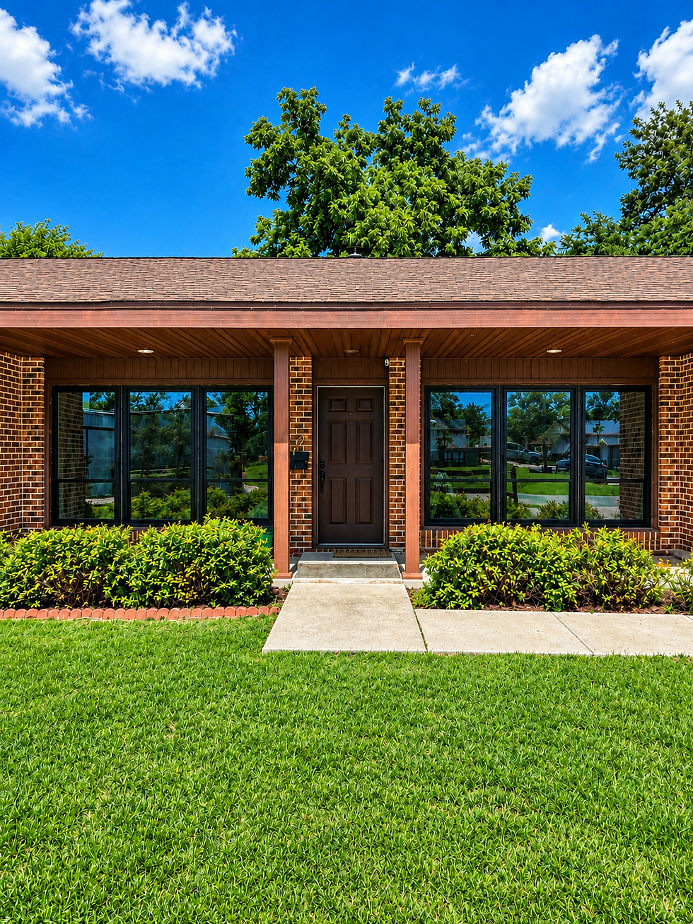 Studio photography of a mid-century modern brick house exterior. The entryway features large windows, a central wooden door, and neat landscaping under a bright blue sky.