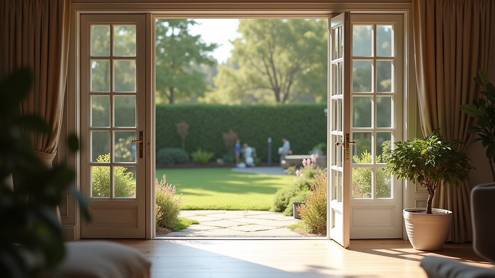 Eye-level view of elegant French patio doors opening to a backyard