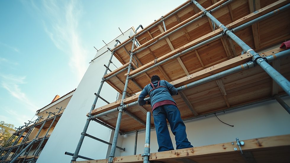 Eye-level view of a well-assembled scaffolding setup for exterior painting