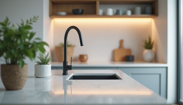 Close-up view of a kitchen countertop with modern faucet and smart lighting