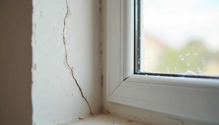 Close-up view of a vertical drywall crack near a window frame