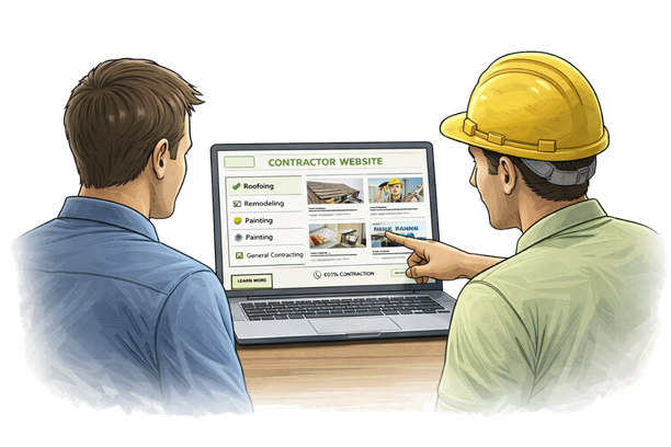 Two men view a contractor website on a laptop, with one pointing at the screen. One wears a yellow hard hat. Options show roofing and painting.