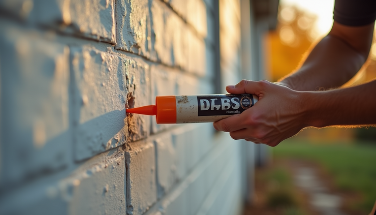 Close-up view of a homeowner sealing cracks on a painted exterior wall in fall