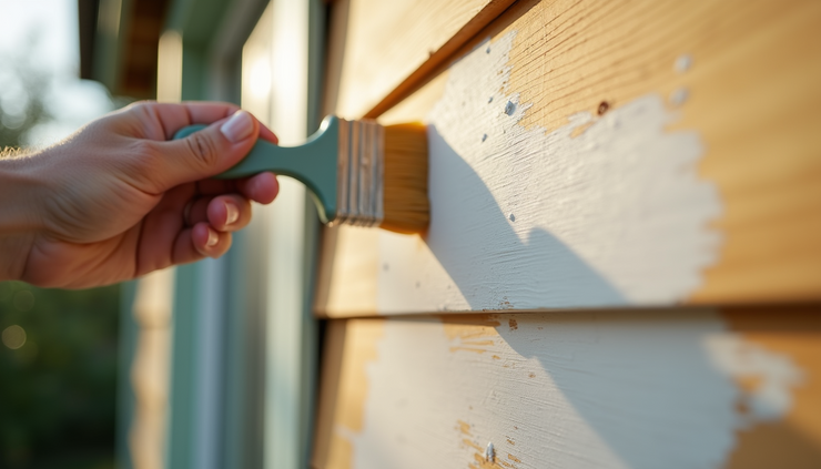 Close-up view of a painter applying primer on a wooden exterior wall