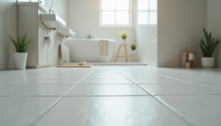 Close-up view of newly tiled bathroom floor with grout lines