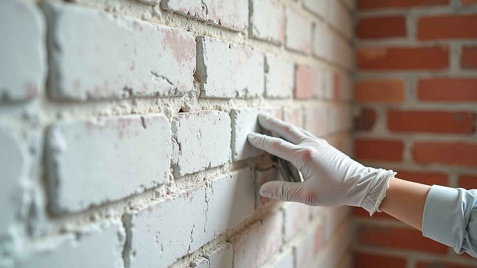 Eye-level view of brick wall prepped with primer for painting