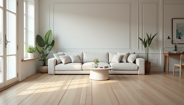 High angle view of a newly remodeled living room with fresh paint and flooring