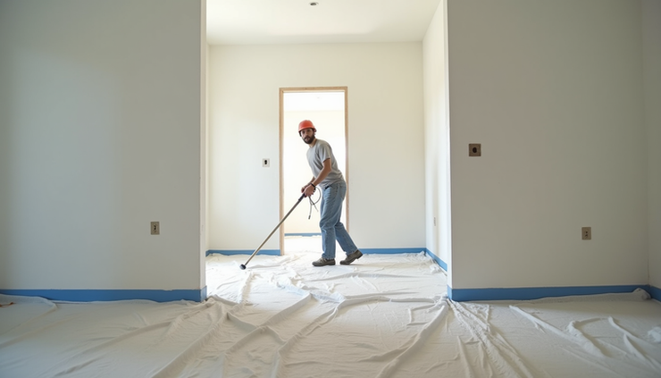 Wide angle view of a painter taping edges and covering floor before painting