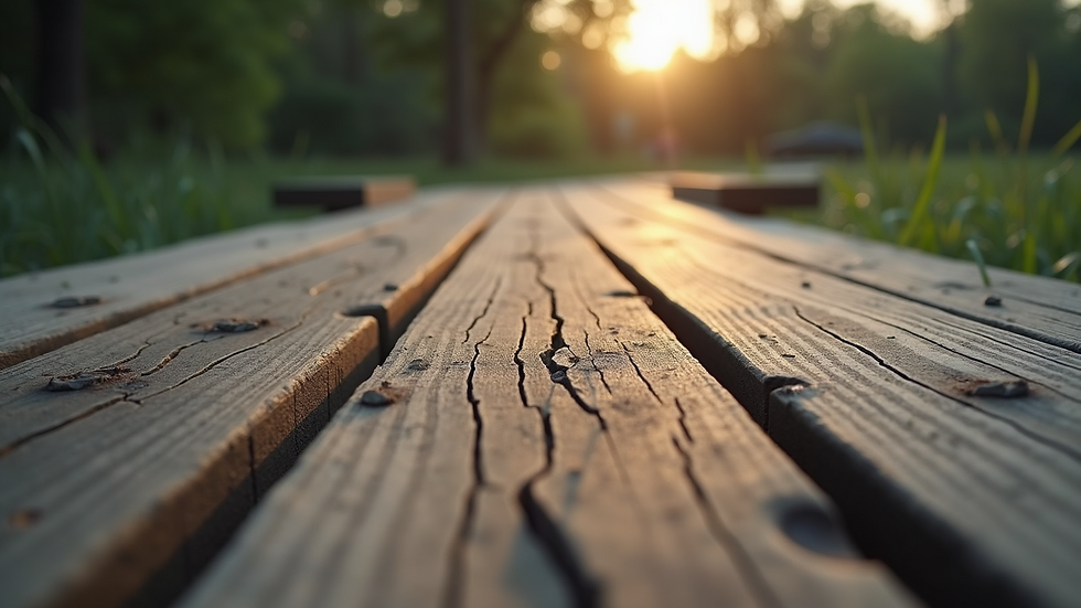Eye-level view of a close-up on a rotten wood deck board