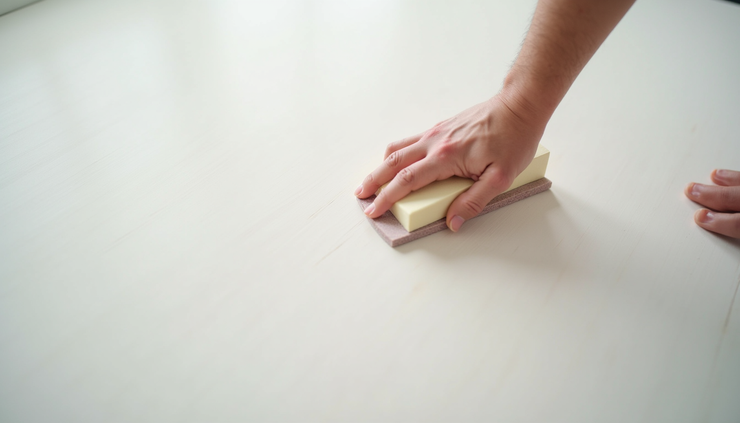 Eye-level view of a person sanding a smooth white wall with a sanding block