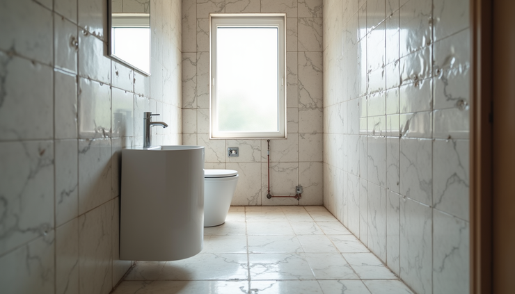 Eye-level view of a modern bathroom under renovation with exposed plumbing and new tile work