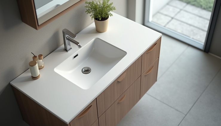 High angle view of a bathroom vanity installation with new sink and countertop