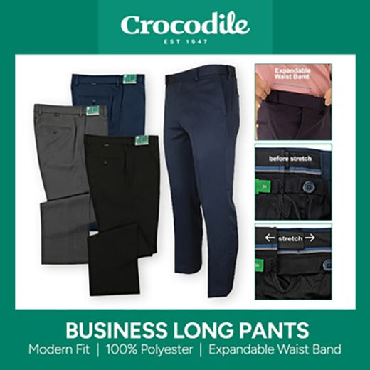 Crocodile Mens Polyester Business Long Pants Expandable waistband Travelite Online