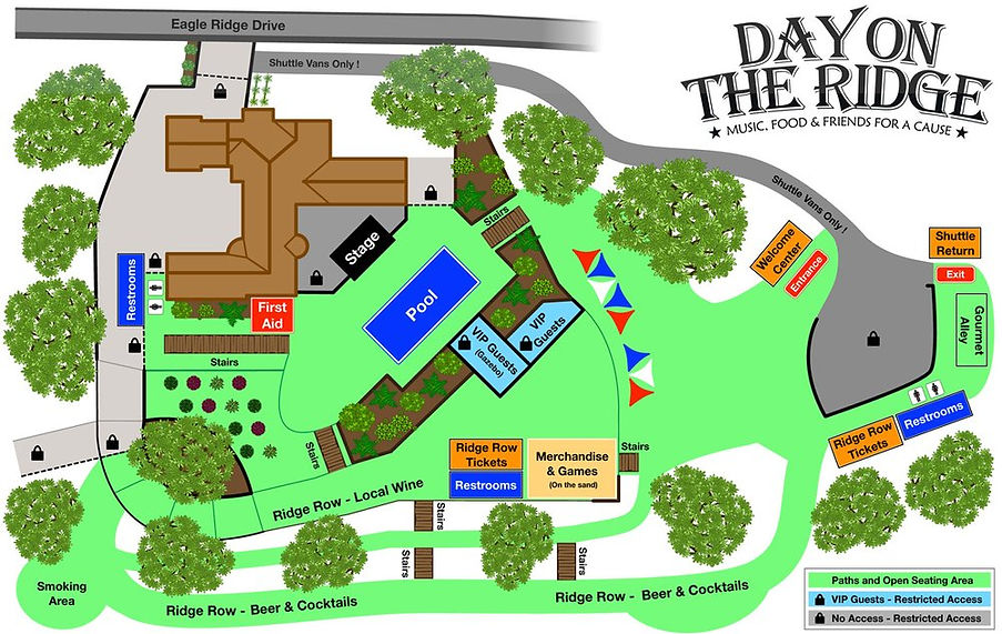 A map of the Day on the Ridge venue showing where various booths and activities are.