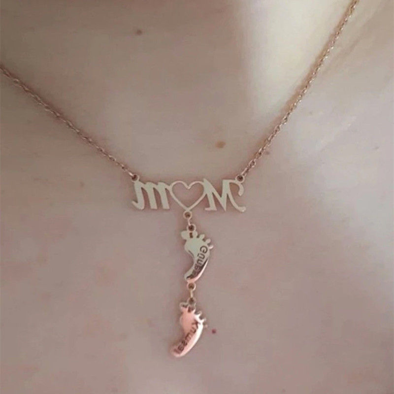 Thumbnail: Mom Necklace Custom Baby Feet Engraved Family Memory Gold Stainless or Steel