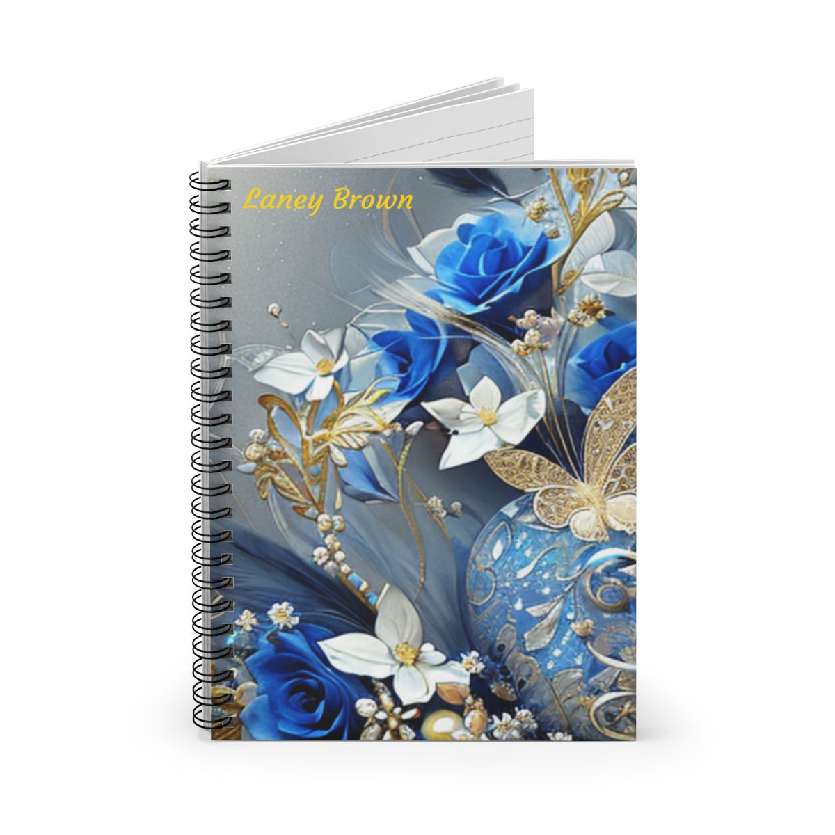 Personalized Spiral Notebook with Blue and Gold Floral Accents
