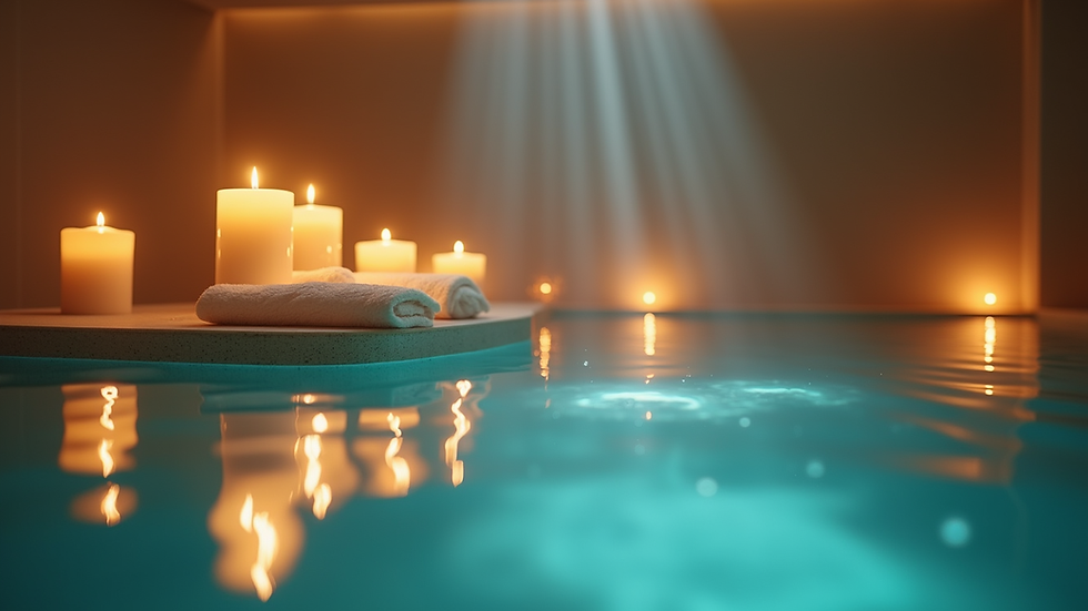 Vue en plongée d'une pièce de massage avec lumière tamisée et bougies