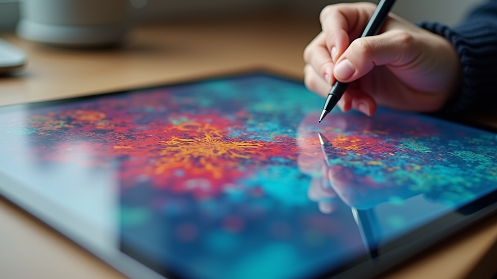 Close-up view of a digital tablet displaying a colorful custom design in progress