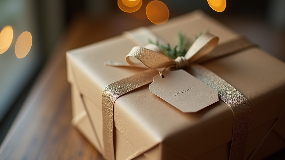 Close-up view of a beautifully wrapped gift box with a handmade tag