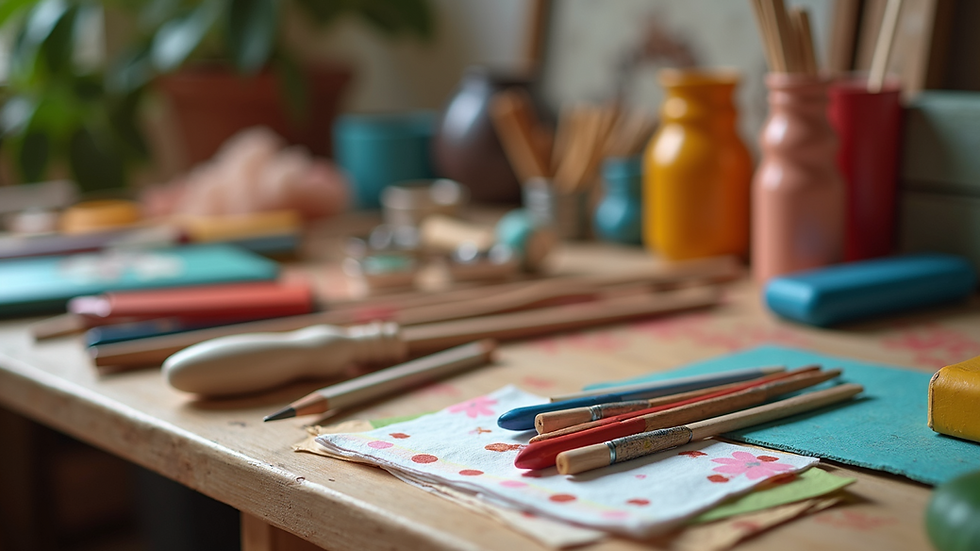 Close-up view of colorful handmade craft supplies on a wooden table
