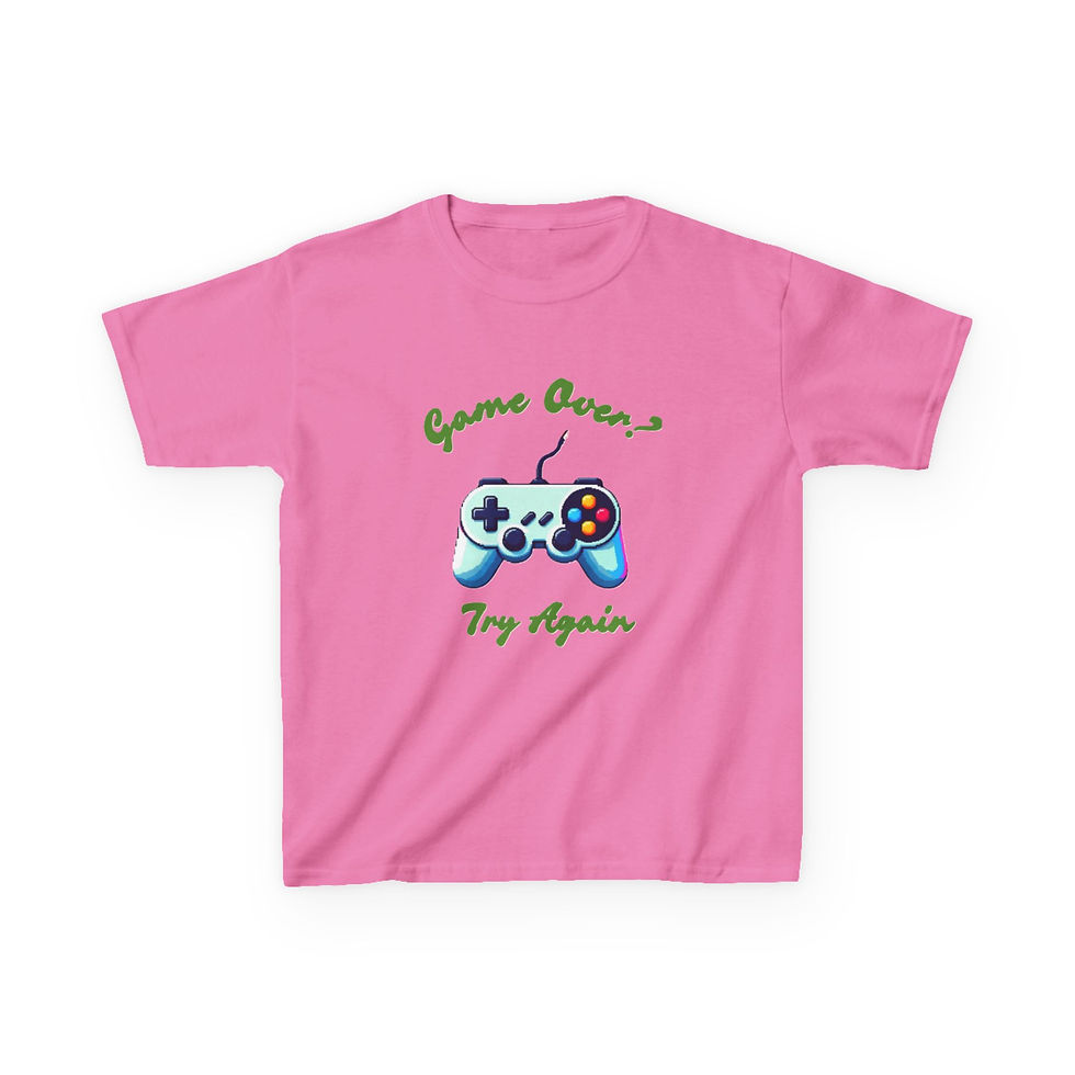 A royal blue kids' T-shirt featuring a colorful video game controller graphic in the center. Above the controller, the phrase "Game Over" is written in a playful neon-style font, and below it, the words "Try Again" appear, creating a fun and motivational gaming-themed design.