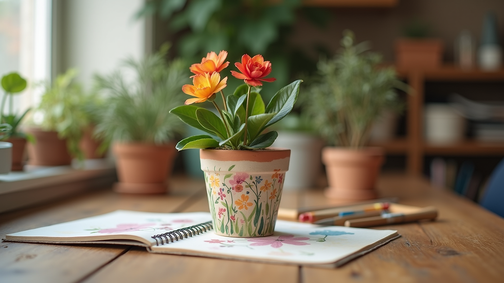 Eye-level view of a wooden table with a personalized painted flower pot and crafting tools