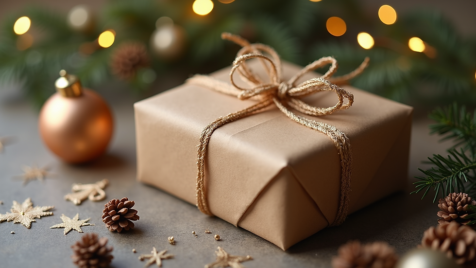 High angle view of a beautifully wrapped gift box with natural decorations