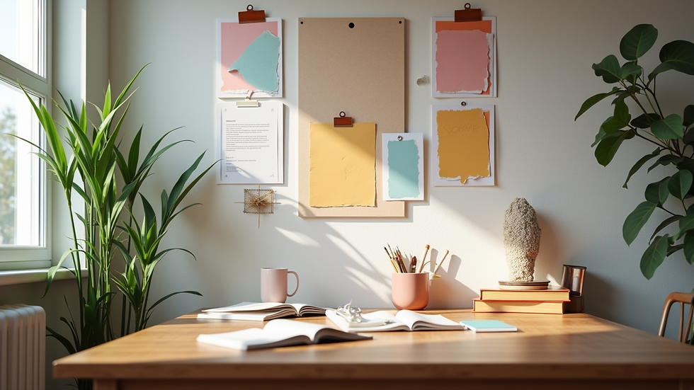 Eye-level view of a cozy workspace with colorful mood boards pinned on the wall