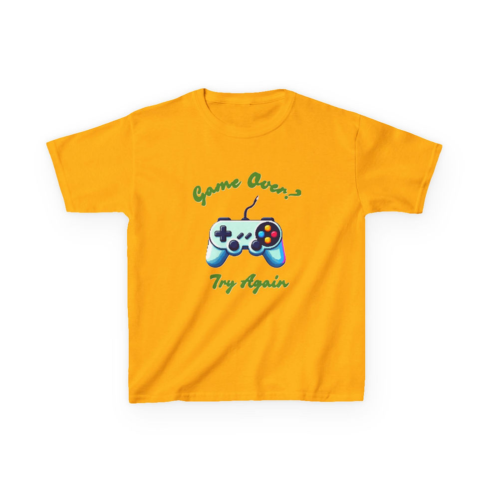 Thumbnail: A royal gold kids' T-shirt featuring a colorful video game controller graphic in the center. Above the controller, the phrase "Game Over" is written in a playful neon-style font, and below it, the words "Try Again" appear, creating a fun and motivational gaming-themed design.