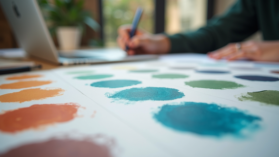 Eye-level view of a creative workspace with color swatches and sketches