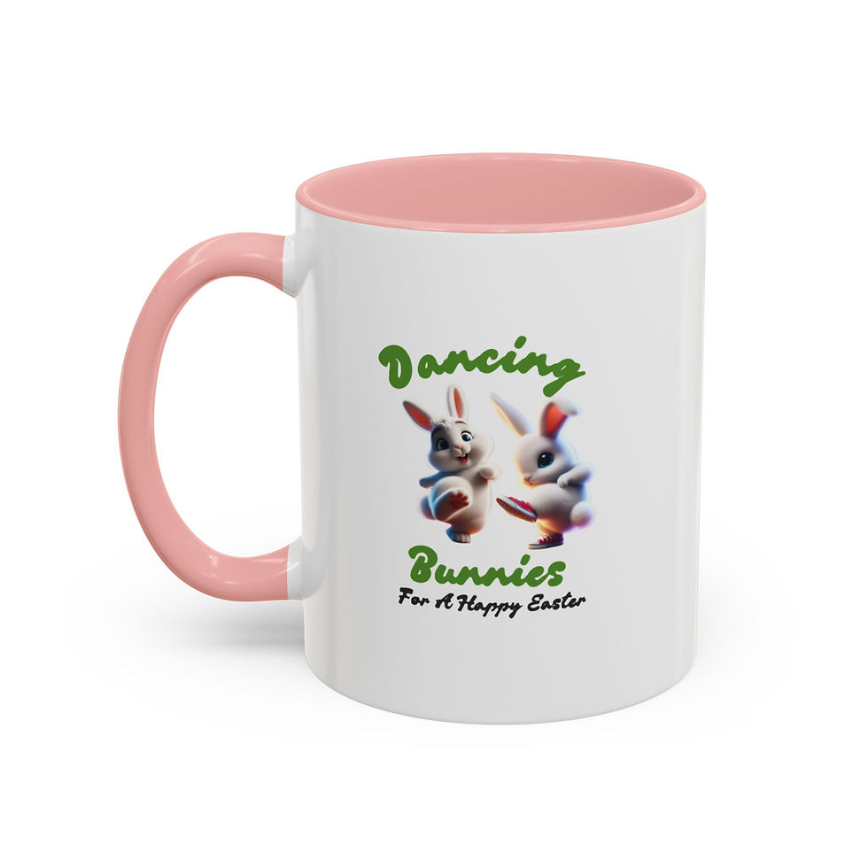 Dancing Bunnies with a Happy Easter inscription on mug. Two tone mug - Glossy and beautiful for your coffee and Tea.